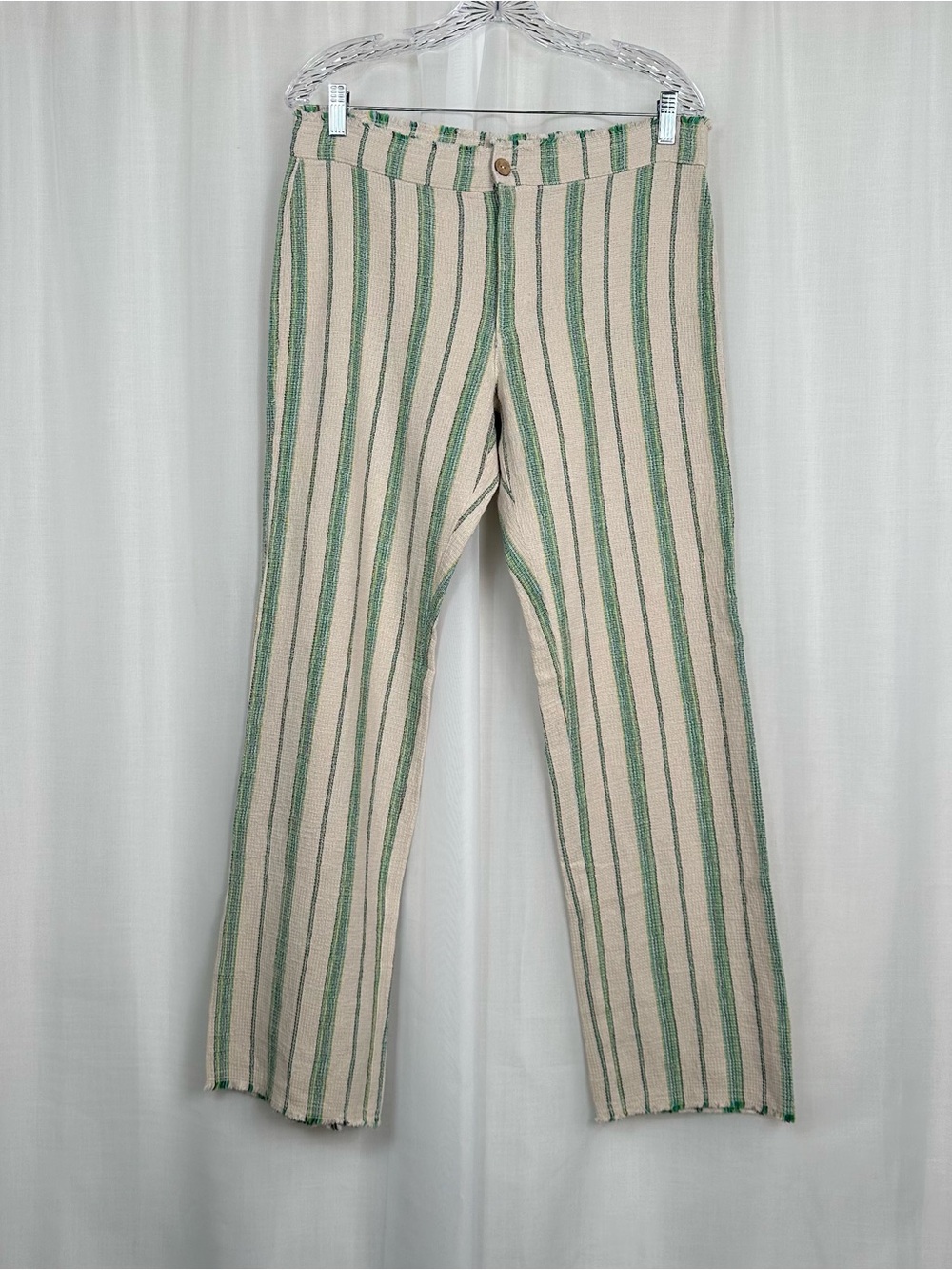 NWT Zara The Beth Pant Green Striped Rustic‎ Frayed Straight Leg Trouser Pants L
